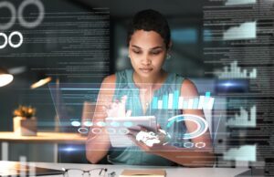 Woman using tablet with stats overlay