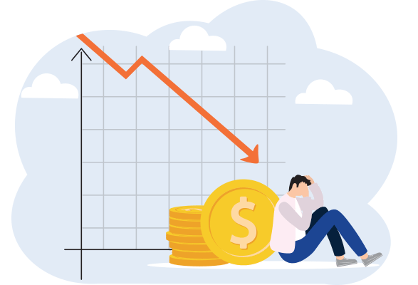 Illustration of depressed business man sitting in front of decreasing ROI chart