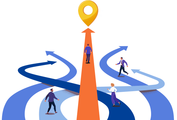 Illustration of business people on different paths. One man is on a straight path towards the goal.
