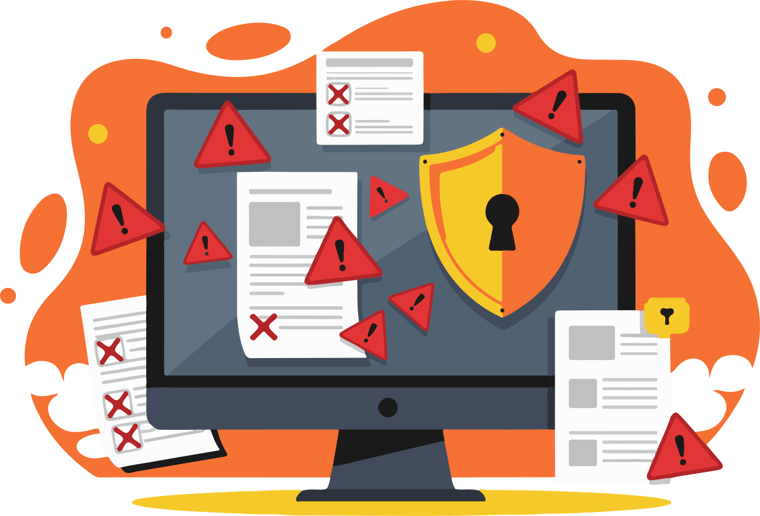An illustration of a computer with multiple errors popping up.