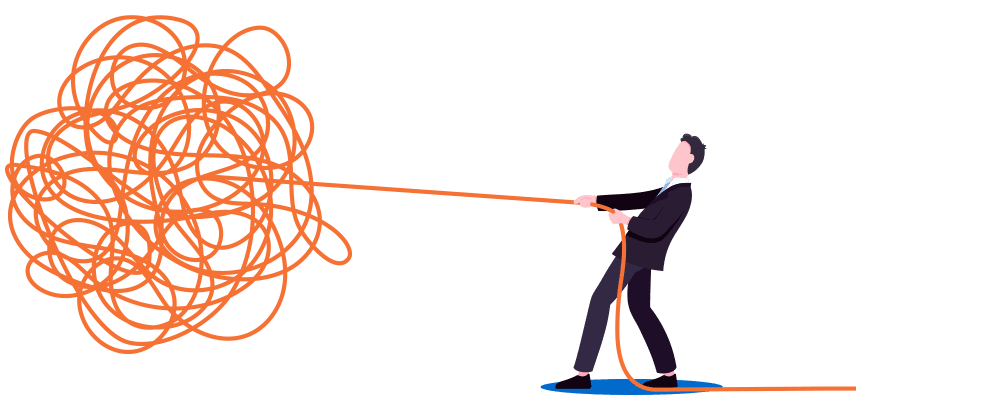 Illustration of business man pulling thread of complex knot, representing complex business challenges