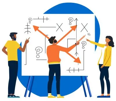 Illustration of a team working on a confusing project displayed on a whiteboard