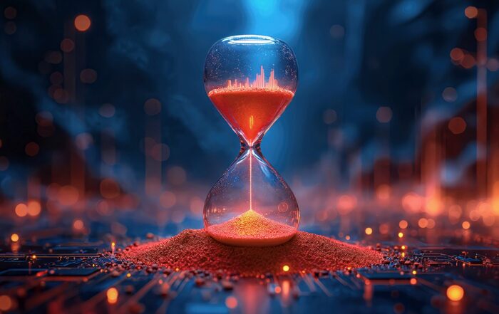 A conceptual image of sand falling through an hourglass on top of a circuit board and lights in background.