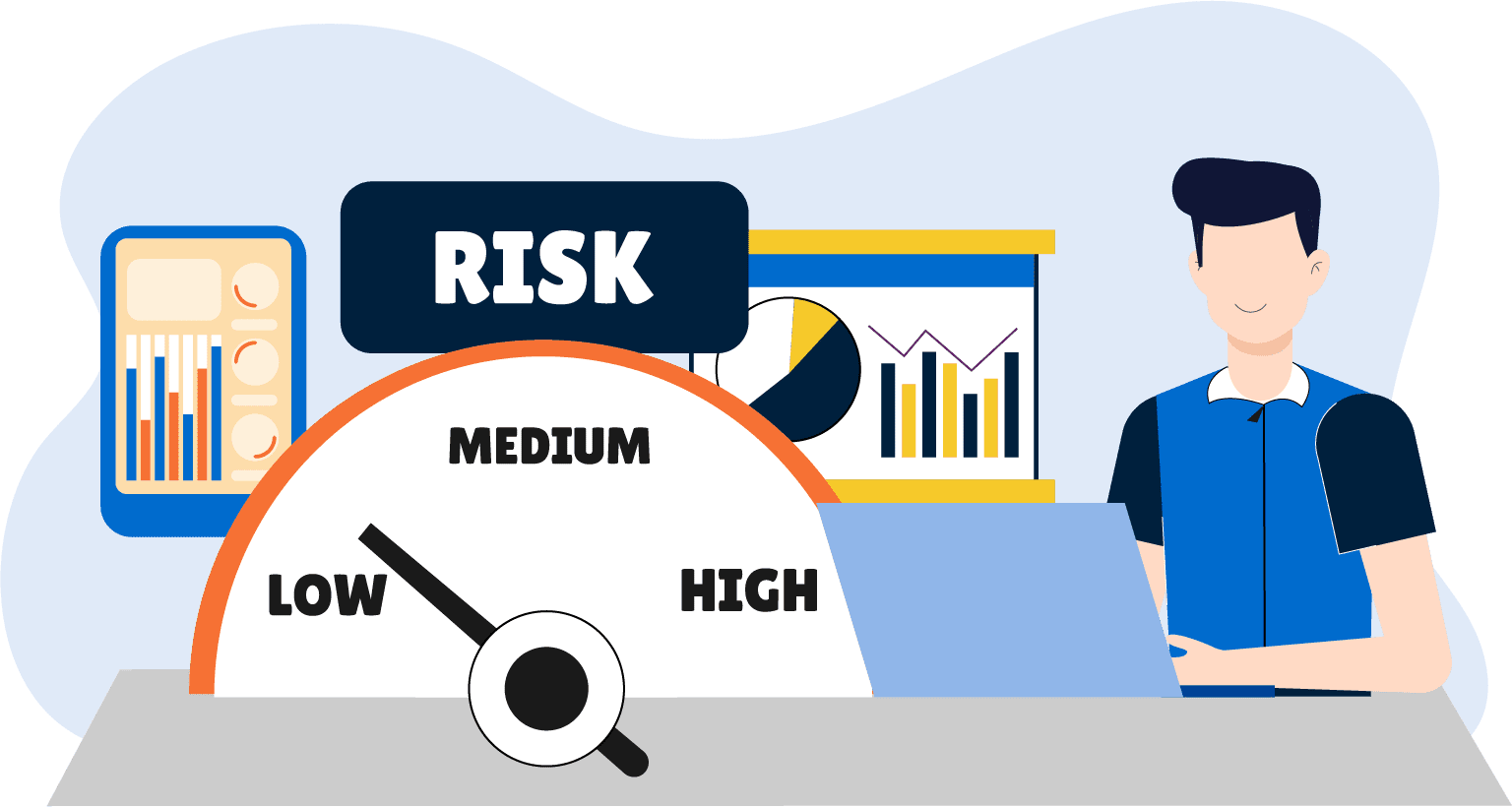 An illustration of a man working on his computer. A meter measuring software risk reads "low"