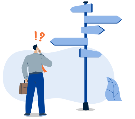 Illustration of a pondering businessman staring at a pole of signs pointing in different directions.