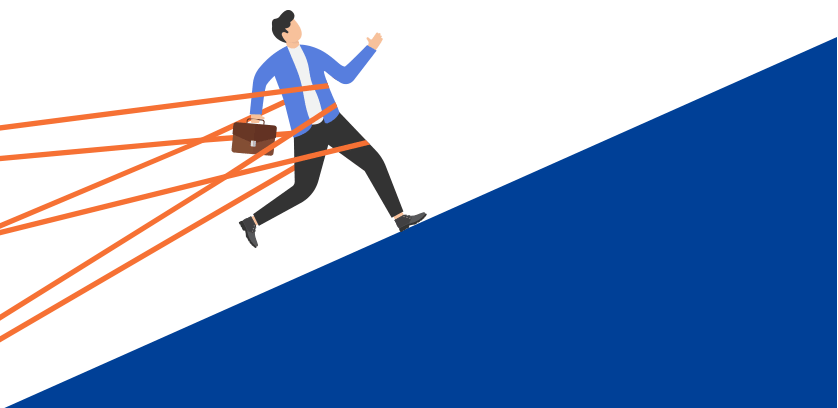 Illustration of a businessman walking up a steep incline with ropes attached to him, holding him back
