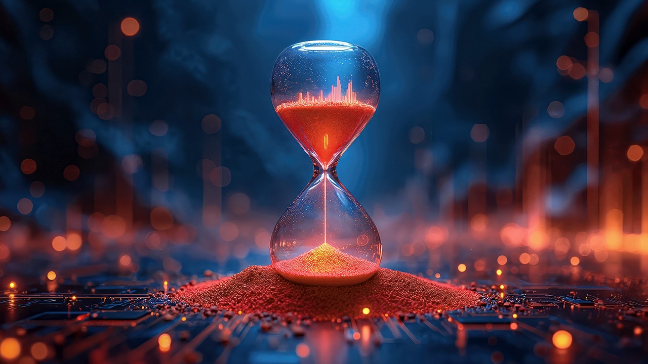 A conceptual image of sand falling through an hourglass on top of a circuit board and lights in background.