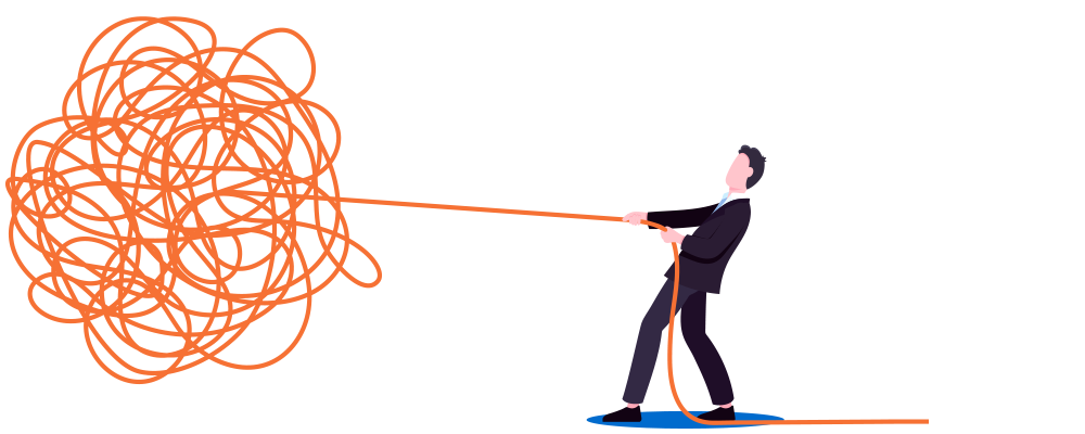 Illustration of business man pulling thread of complex knot, representing complex business challenges