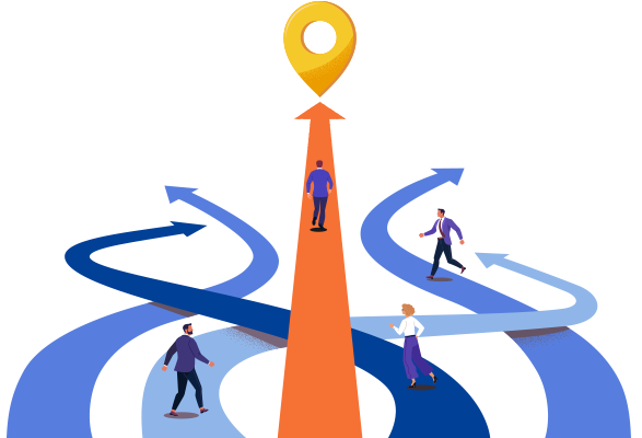 Illustration of business people on different paths. One man is on a straight path towards the goal.