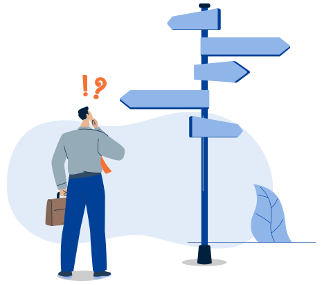 Illustration of a pondering businessman staring at a pole of signs pointing in different directions.