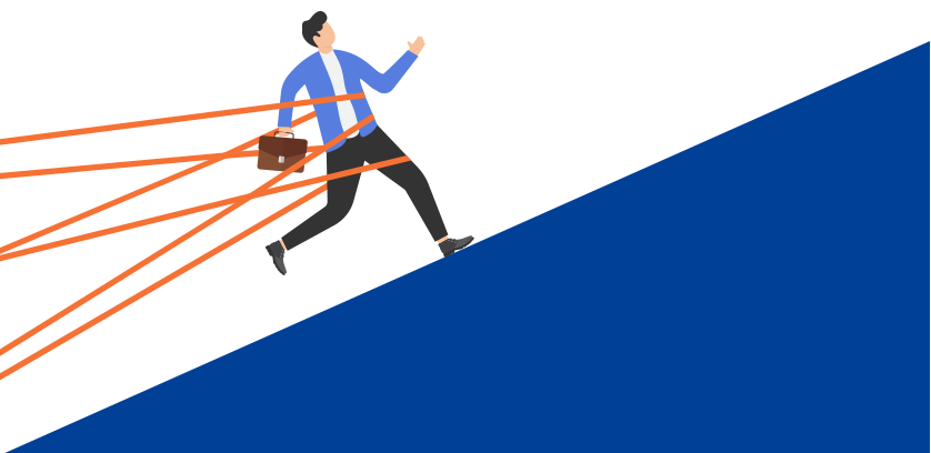 Illustration of a businessman walking up a steep incline with ropes attached to him, holding him back