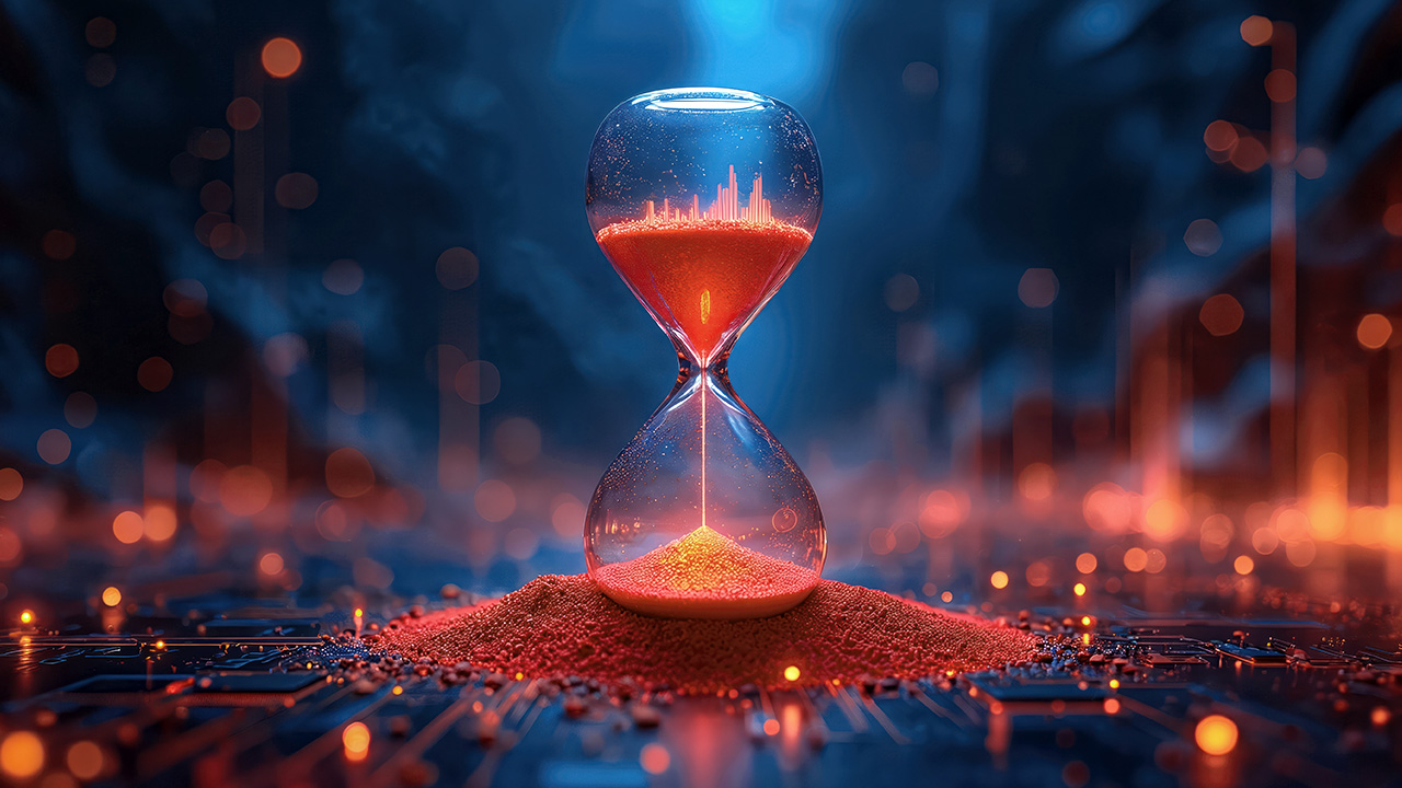 A conceptual image of sand falling through an hourglass on top of a circuit board and lights in background.